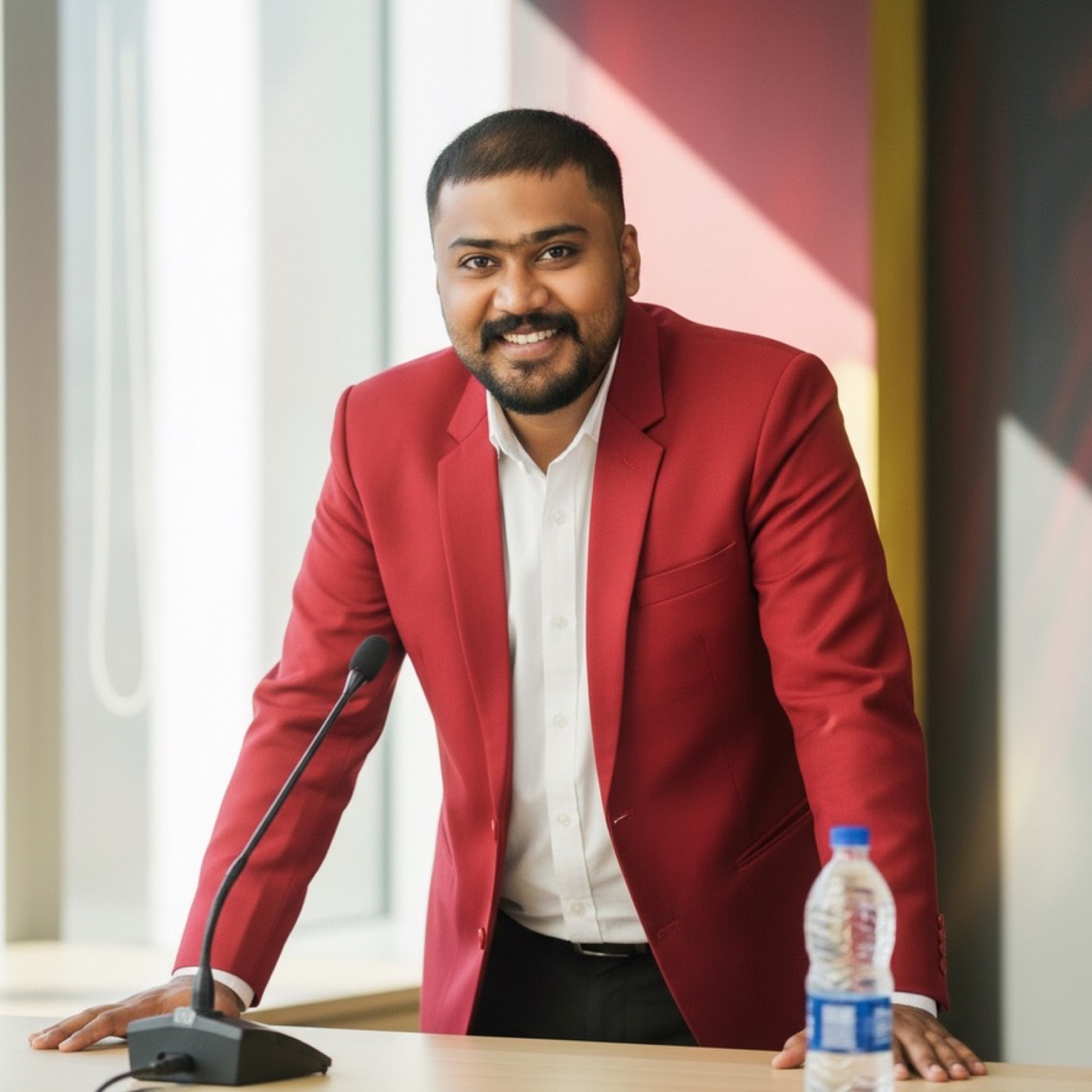 thrinadhsai author photo in red blazer at microphone