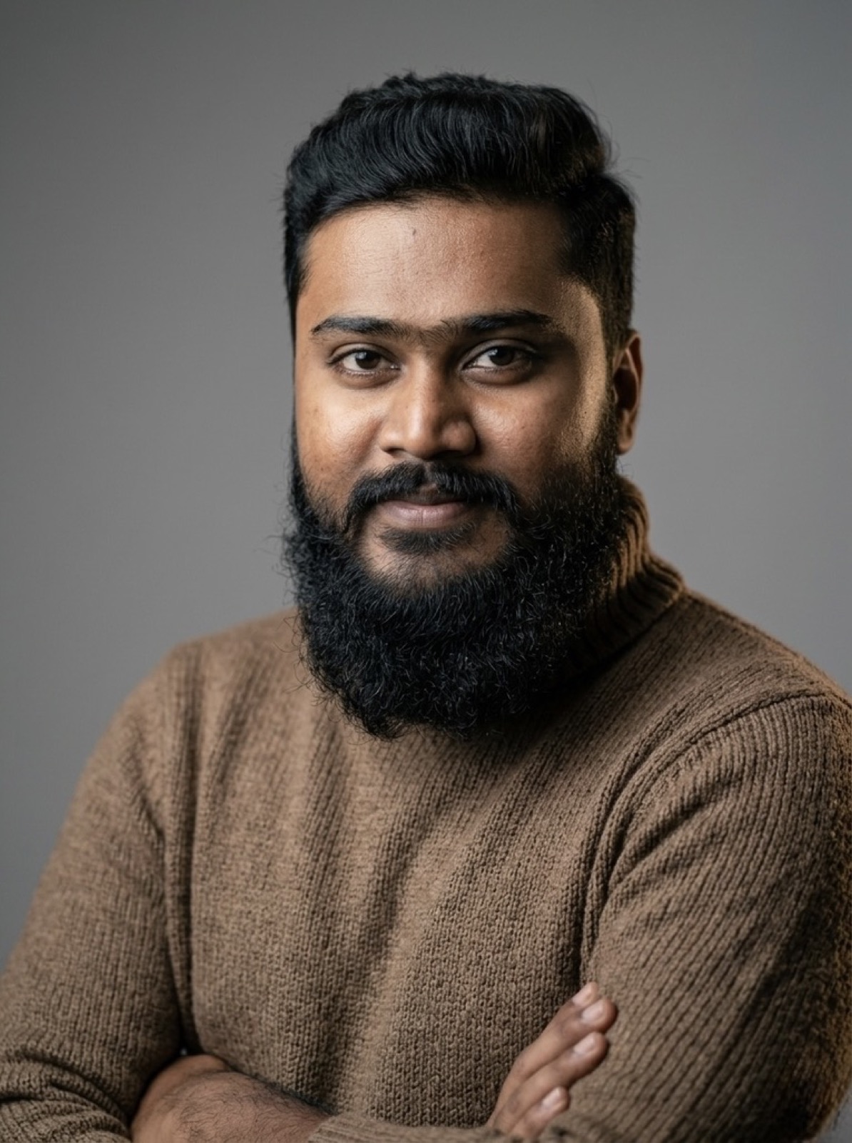 thrinadhsai studio portrait in brown sweater